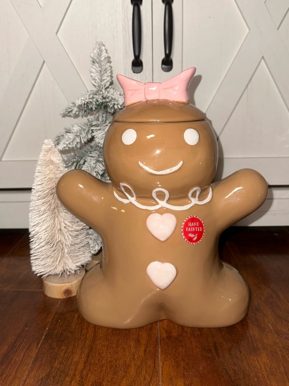 Peppermint & Pine Hand-Painted Pink Bow Gingerbread Girl Cookie Jar Canister